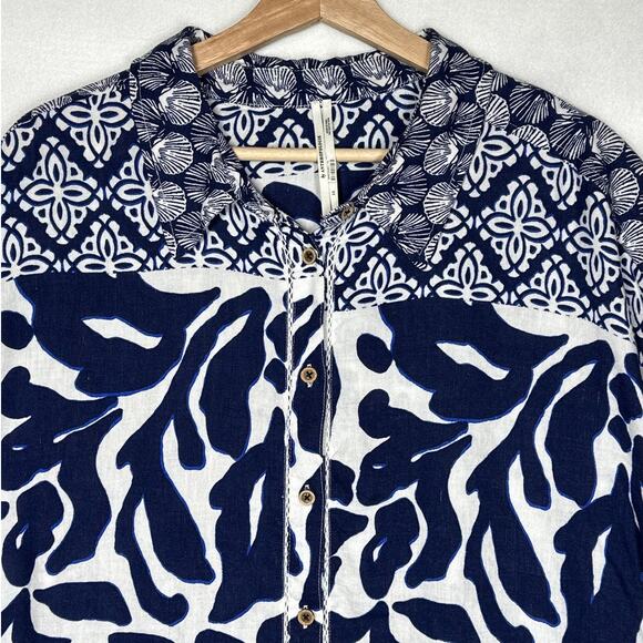 By Anthropologie Printed Linen Blend Buttondown Shirt Top Sz 2X Beach Nautical - Picture 3 of 14